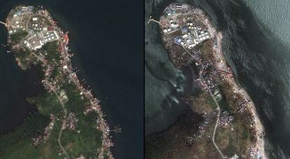 Tacloban (Filipinas) en marzo (a la izquierda) y hace una semana, tras el paso del tif&oacute;n Haiyan.