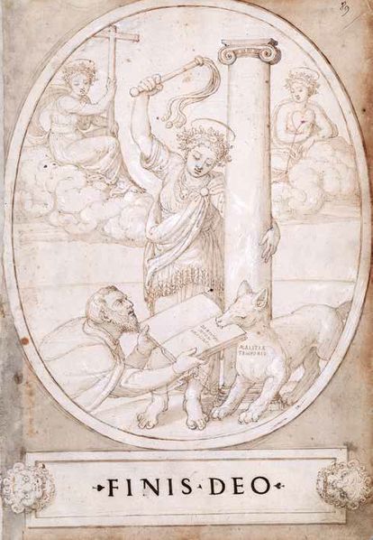 Grabado de la obra de Francisco de Holanda sobre las edades del mundo. El autor se representó entregando su obra a un perro.