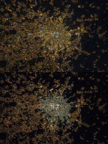 Arriba, la imagen de Mil&aacute;n de noche en 2012. Abajo, el centro de la ciudad se hab&iacute;a &#039;blanqueado&#039; en 2015. Ambas son fotograf&iacute;as reales tomadas desde la ISS.