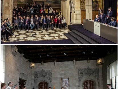 En la imagen superior, toma de posesión de Puigdemont el pasado 12 de enero de 2016. En la de abajo, toma de posesión de Quim Torra este jueves.