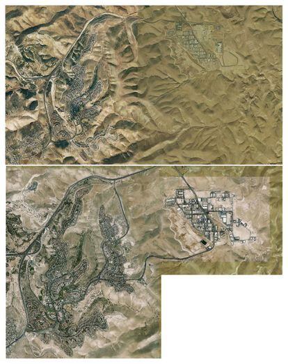 Arriba, el asentamiento de Maale Adumim en 1997. Abajo, en 2014.