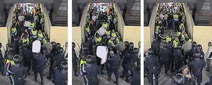 La secuencia de vídeo que muestra cómo una silla blanca impacta sobre la cabeza de un policía.