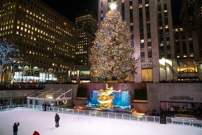El gran abeto de navidad, regalo de Noruega, instalado en el Rockefeller Center de Nueva York. 