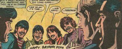 Los Beatles, en una viñeta de <i>Batman 222: Dead...</i> Till Proven Alive! <b>(junio 1970),</b> con guión de Frank Robbins y dibujos de Irv Novick & Dick Giordano (National Periodical Publications).