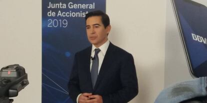 El presidente del BBVA, Carlos Torres, ofrece una rueda de prensa antes de la Junta General de Accionistas 2019 de la entidad, celebrada en Bilbao.
ECONOMIA
Europa Press - Europa Press