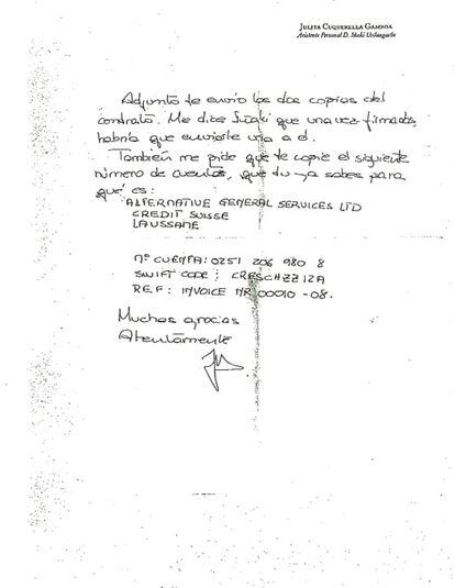 Nota de la asistente personal de Urdangarin.