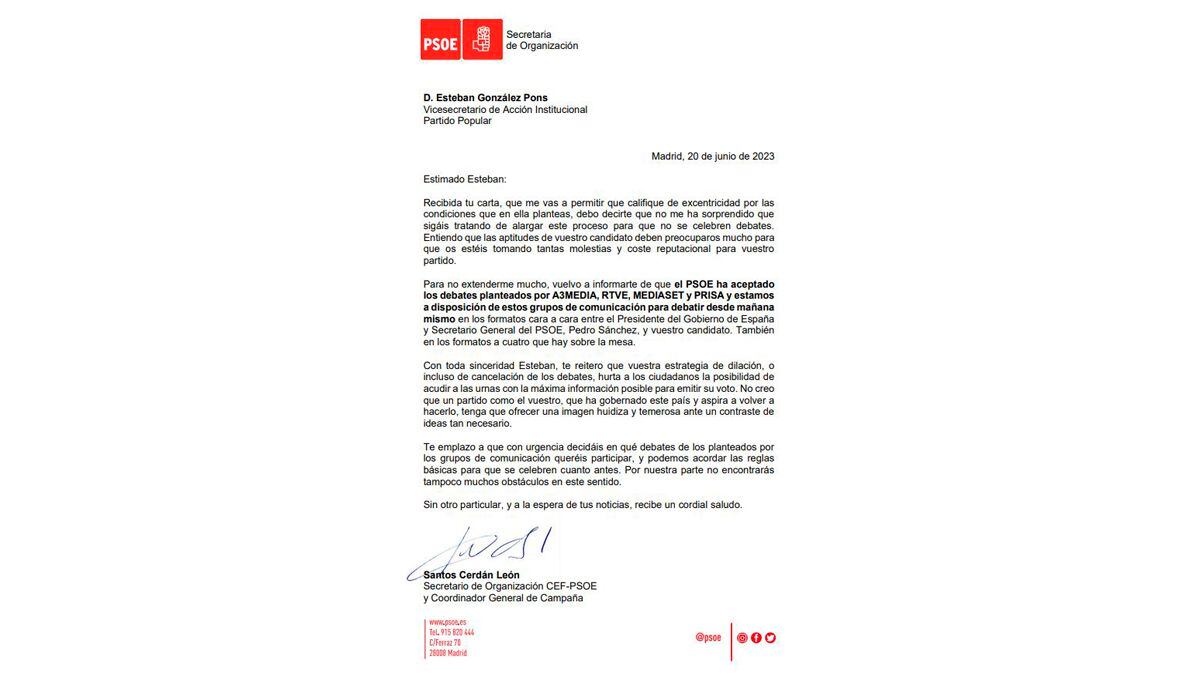 Carta remitida por el PSOE al PP sobre la propuesta de los debates electorales.