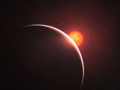 Ilustración del planeta GJ 1214b  alrededor de su estrella