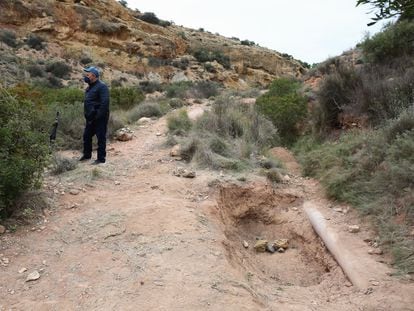 Fosa en la que fueron hallados semienterrados los cuerpos de un hombre y una mujer en el barranco del Grifo, en el término municipal de Elche (Alicante).