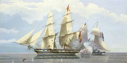 Pintura de William John Huggins en la qual es reprodueix la captura del vaixell negrer espanyol 'Formidable'.