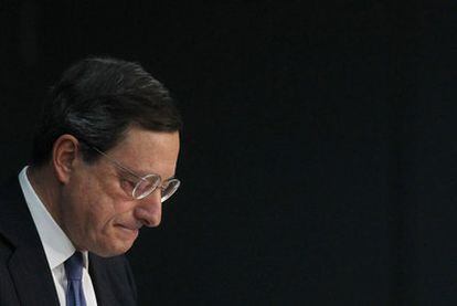 El presidente del BCE, Mario Draghi, ayer durante la rueda de prensa mensual en Fráncfort.