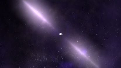 Artist's representation showing the two beams emitted by a pulsar.