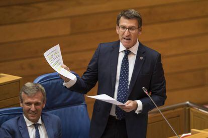 El presidente de la Xunta, Alberto Núñez Feijóo, durante el pleno del Parlamento gallego de este miércoles.