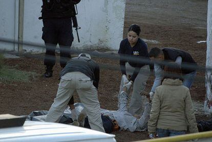 Personal forense transporta un cadáver, ejecutado junto a otros siete hombres, por 'narcos' en Ciudad Juárez