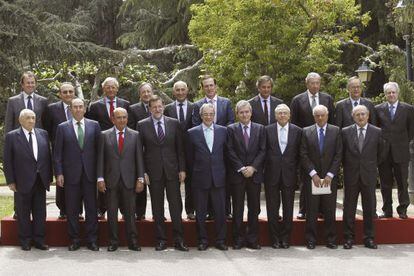 Los integrantes del Consejo Empresarial para la Competitividad (CEC) en el palacio de La Moncloa durante una visita a Mariano Rajoy en mayo de 2014.