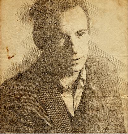El escritor Néstor Sánchez, en la portada del libro de Jorge Antolín. La ilustración está basada en una foto tomada a Sánchez a finales de 1960, en Buenos Aires.