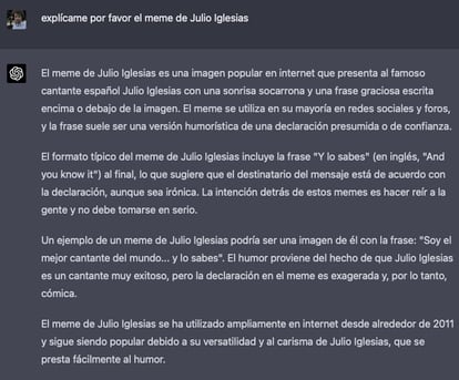 Screenshot of the ChatGPT-4 explanation of the Julio Iglesias meme.  You know what meme it is without further details.