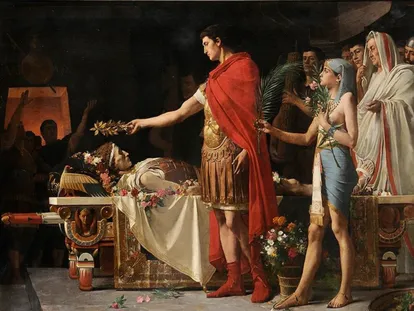 Pintura del artista francés Lionel Royer que ilustra la visita histórica del emperador Augusto a la tumba de Alejandro Magno en Alejandría.