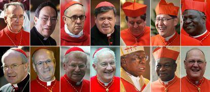 Los cardenales favoritos para ser el nuevo Papa: de izquierda a derecha y de arriba abajo: Claudio Hummes (Brasil), Oscar Andres Rodrigues Maradiaga (Honduras), Jorge Mario Bergoglio (Argentina), Norberto Rivera Carrera (M&eacute;xico), Joao Braz de Aviz (Brasil), Luis Antonio Tagle (Filipinas), Peter Turkson (Nigeria), Cristoph Schonborn (Austria), Peter Erdoe (Hungr&iacute;a), Angelo Scola (Italia), Marc Ouellet (Canad&aacute;), Francis Arinze (Nigeria), John Onaiyekan (Nigeria), Timothy Dolan (EE UU)