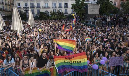 Pregón de la fiesta del Orgullo en la Plaza de Pedro Zerolo de Madrid.