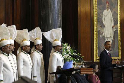 El presidente estadounidense, Barack Obama, durante su discurso en el Parlamento indio, en Nueva Delhi.