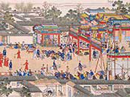 Una de las pinturas realizadas sobre rollos de seda que se exhiben en la exposición de Versalles sobre el reinado del emperador Kangxi.