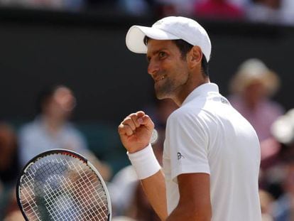 Djokovic celebra su victoria contra Nishikori en Londres.