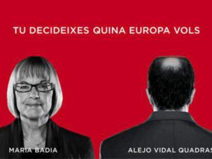 Cartel electoral del PSC, que muestra una imagen de su candidata, Maria Badia, junto a una figura humana de espaldas, que sugiere que es la del candidato popular.