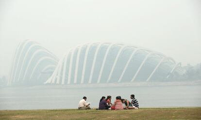 Un grupo de personas contempla la cúpula del jardín botánico rodeado de contaminación en Singapur.
