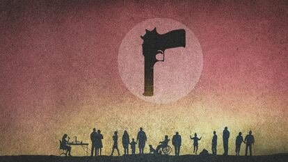 Ilustración de personas que viven bajo armas de fuego.