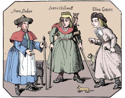 Anne Baker, Joanne Willimott y Ellen Greene fueron condenadas por brujería y quemadas en Lincoln en 1619. Ilustración de autor desconocido.