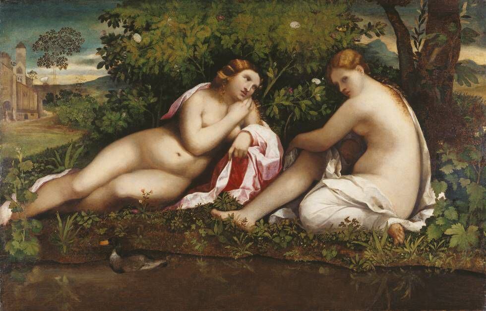 'Dos ninfas en un paisaje' (Júpiter disfrazado de Diana seduciendo a Calisto), de Palma el Viejo (Jacopo Negretti). 