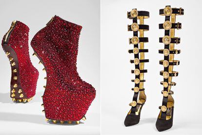 Red crystal ankle boots designed by Japanese Noritaka Tatehana in 2014. Valerie Steele once tried this type of design: “Daphne Guinness and Lady Gaga wear them and he made me a pair as a gift.  “I trained for a year to strengthen my muscles and I only lasted 25 minutes.”  Next to her, Versace's medallion Gladiator boots (1992). 