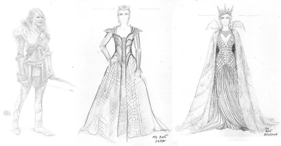 Tres de los bocetos de Collen Atwod para la película 'Las crónicas de Blancanieves: El cazador y la reina del hielo'.
