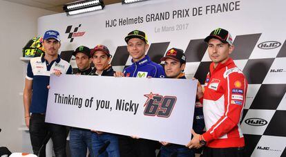De izquierda a derecha, Baz, Zarco, Márquez, Rossi, Pedrosa y Lorenzo, este jueves en Le Mans.