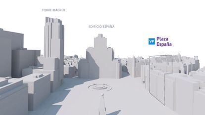 Maqueta de la Plaza de España de Madrid con los tres futuros hoteles.