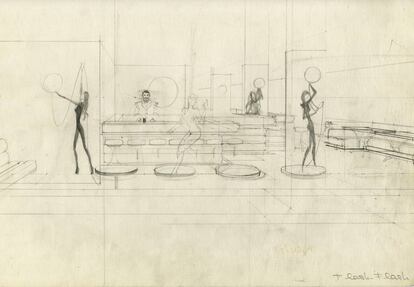 Boceto de 1969 con el diseño del restaurante Flash Flash de Barcelona.