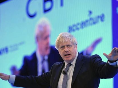 El candidato conservador, Boris Johnson, durante su intervención este lunes en la conferencia anual de la patronal británica CBI, en Londres.