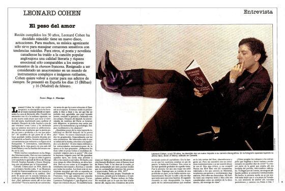 Leonard Cohen. 17-2-1985. Eran los ochenta, otra época. El canadiense habló de Lorca y la guerra civil española, e incluso posó haciendo el pino para la fotografía.