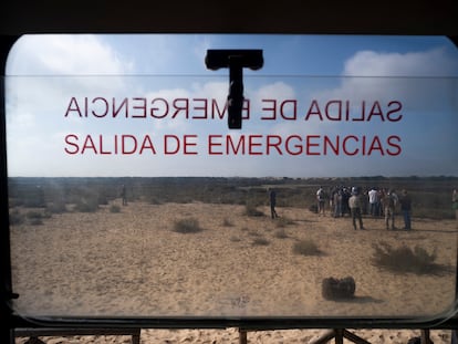 Un grupo de periodistas, junto a la Laguna Dulce de Doñana, el pasado septiembre. En el centro de la imagen, cabizbajo, el director de la Estación Biológica, Eloy Revilla.