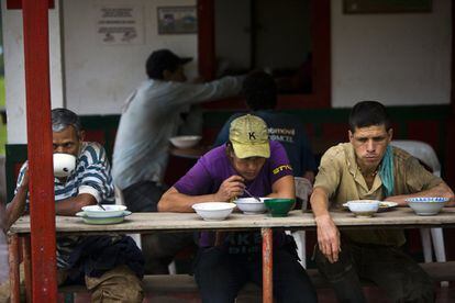 Trabajadores en la finca de El Ocaso, durante una pausa.