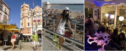 De izquierda a derecha, la plaza de las Flores, la popular playa de La Caleta y el bar El Seblón, un lugar ideal para picar algo en el gaditano barrio de El Pópulo.