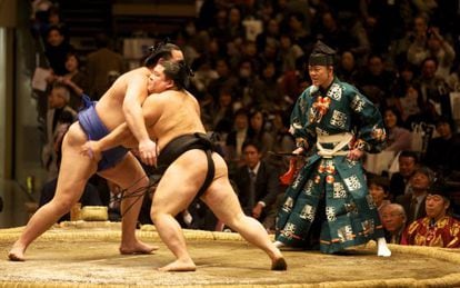 Dos luchadores de sumo en el estadio Ryogoku Kokugikan de Tokio. 