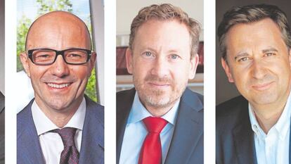 Desde la izquierda, Steven F. Mayer, nuevo presidente ejecutivo de Grifols, y los consejeros delegados de Almirall (Gianfranco Nazzi), Esteve (Stafan Schüberg), y Uriach (Oriol Segarra).