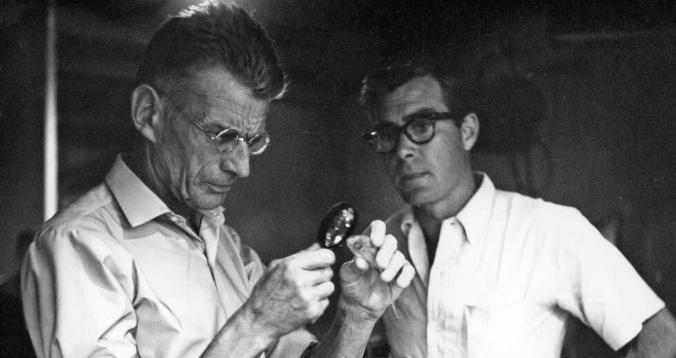 Samuel Beckett observa un trozo de celuloide.