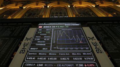 Panel informativo de la Bolsa de Madrid que muestra la evolución del principal indicador de la Bolsa española, el IBEX 35.