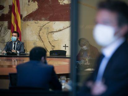 El presidente en funciones, Pere Aragonès, durante la reunión semanal del Ejecutivo catalán