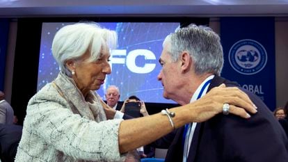 Christine Lagarde, presidenta del BCE, y Jerome Powell, presidente de la Reserva Federal, en una imagen de archivo.