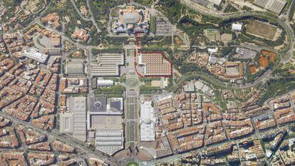 Imagen aérea de Montjuïc, con la idea que baraja el propio MNAC sobre su ampliación, en trazo rojo.
