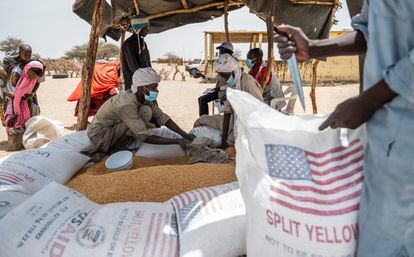 Un grupo de hombres descarga bolsas de guisantes en una distribución de alimentos dirigida por el Programa Mundial de Alimentos, en el campamento de Fourkoulom.